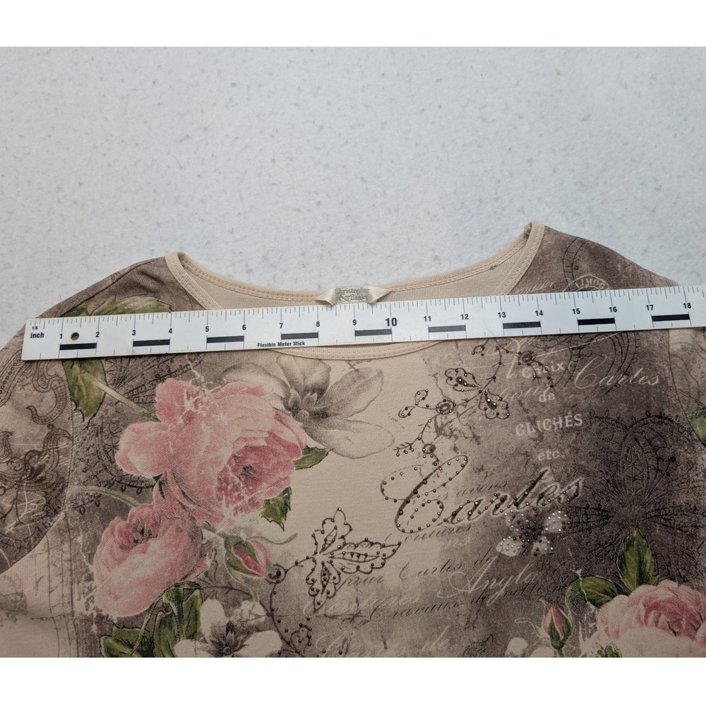 Vintage Christopher & Banks Floral Script Top Women L Beige 3/4 Sleeve Studded - Picture 8 of 9